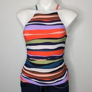 NWT Anne Cole orange purple blue striped halter bikini top S